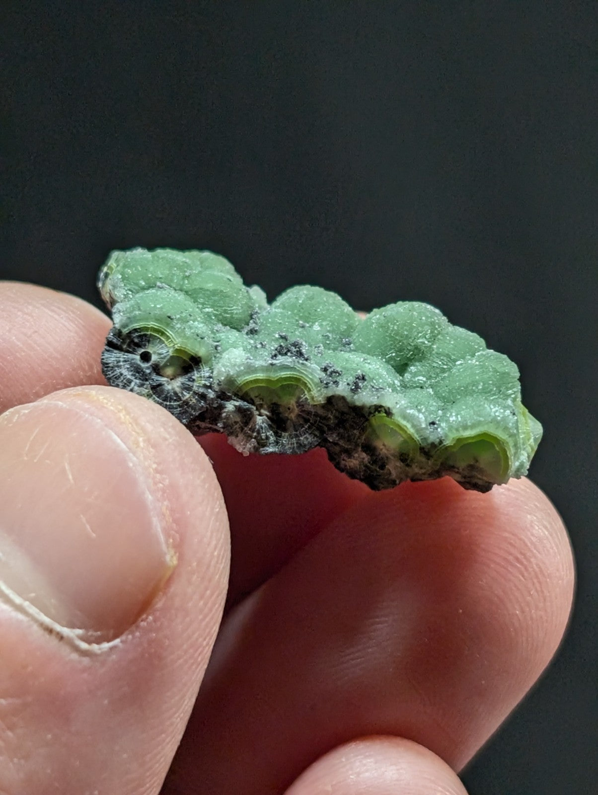A translucent green, bubbly mineral specimen with a rough, clustered texture and dark speckled base.