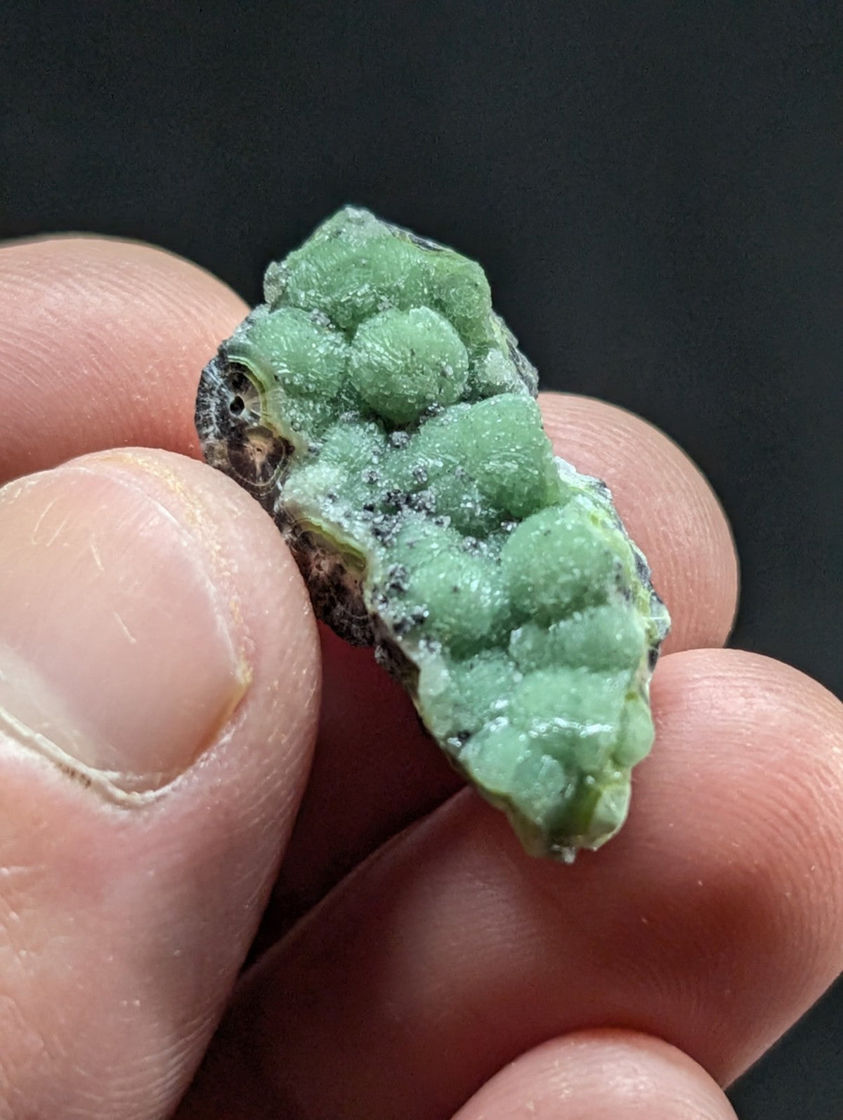 A green, bumpy mineral specimen with a rough texture and darkened edges.