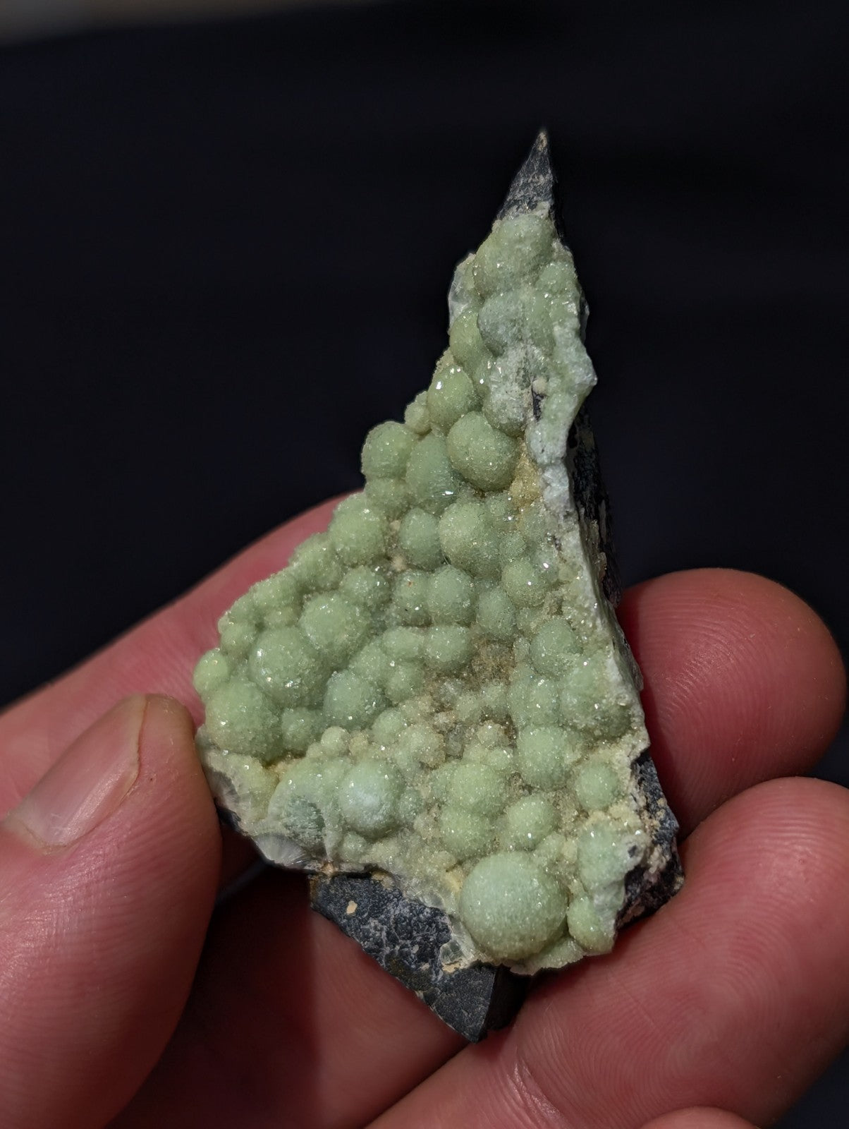 A hand holds a geological specimen featuring clusters of pale green, spherical crystals growing from a dark gray rock base.