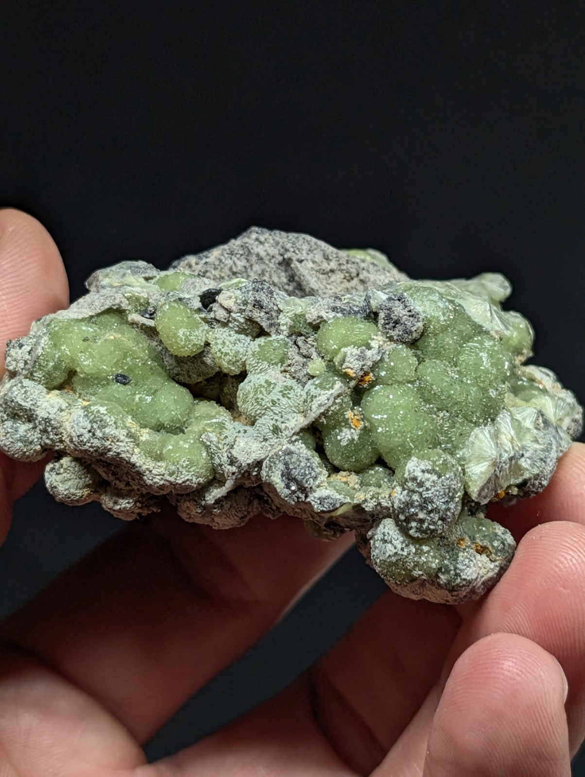 A cluster of translucent green, bead-like crystals nestled within a rough, grayish matrix.