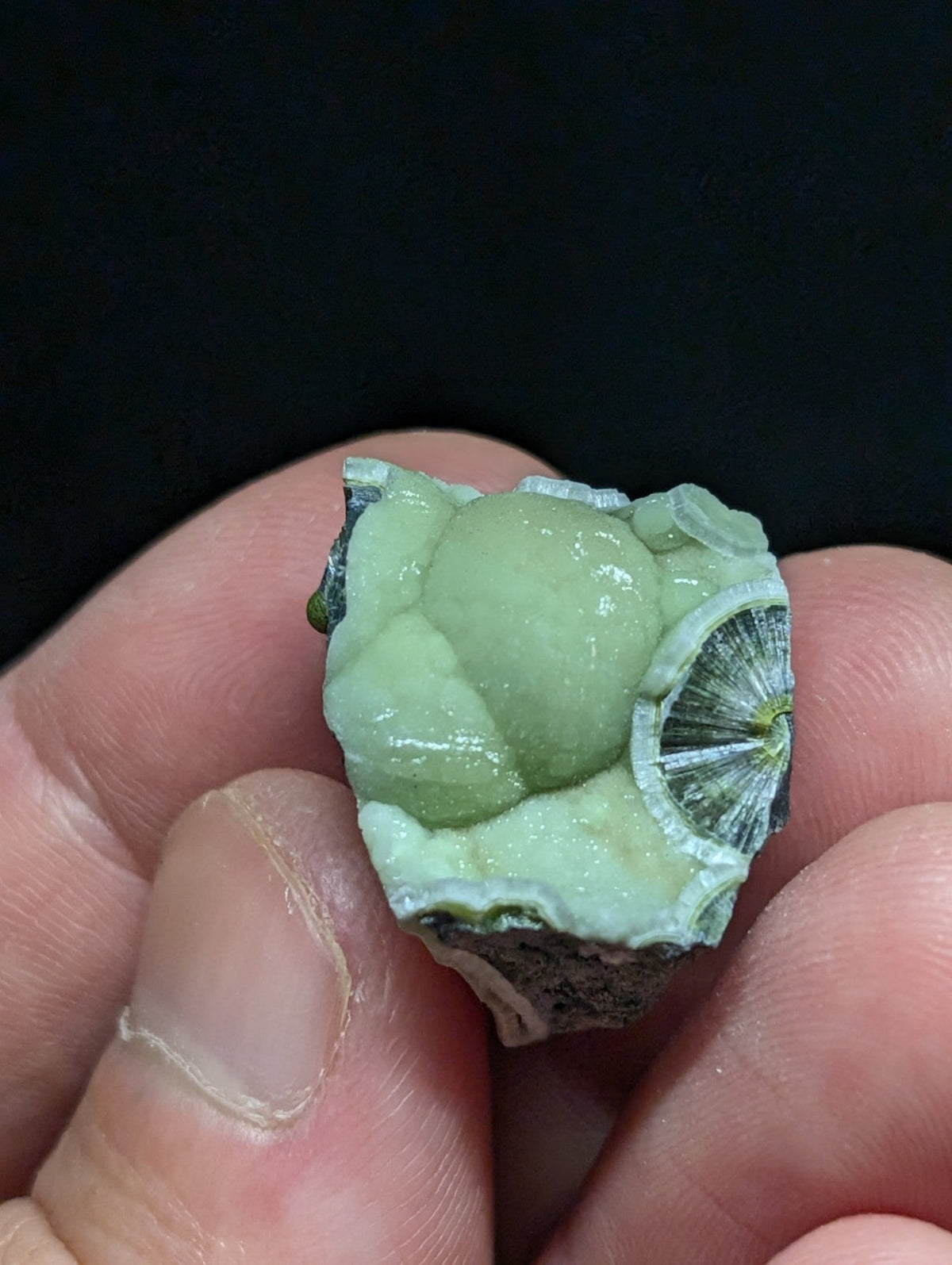 A pale green, translucent mineral specimen with a smooth, rounded central formation and radiating crystalline structures.