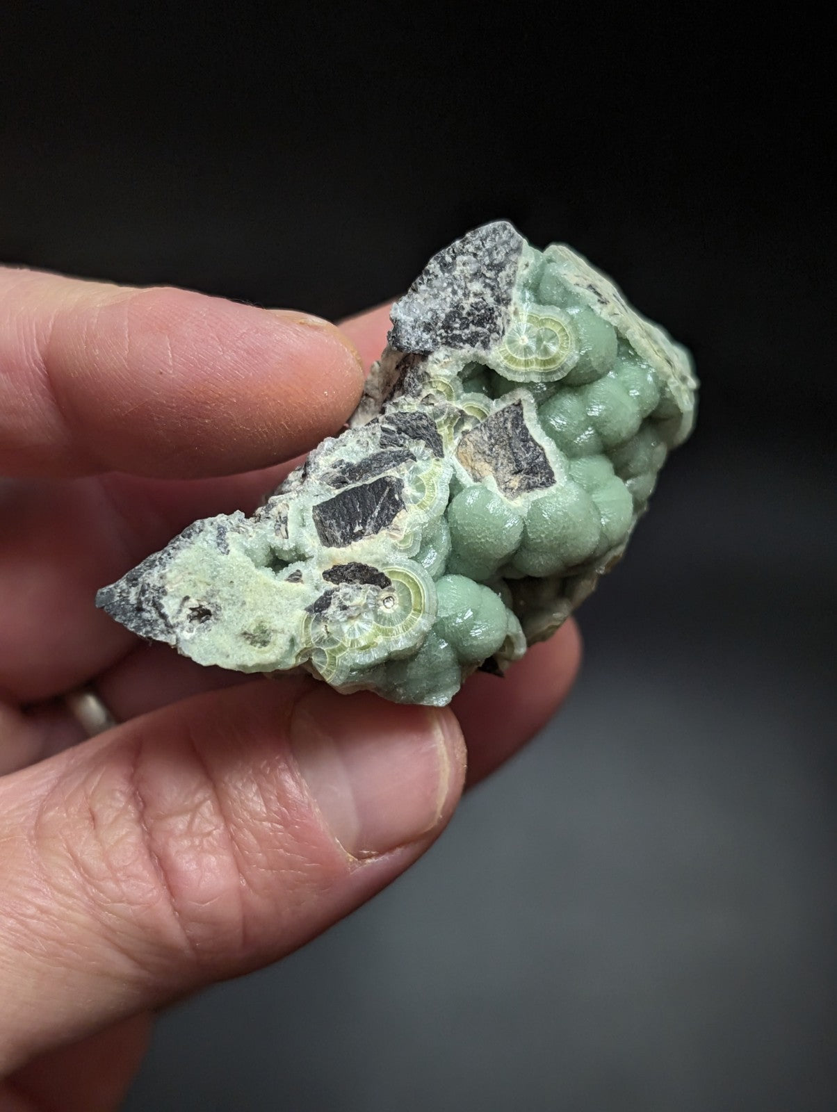 A hand holds a pale green, textured mineral specimen featuring rounded, bead-like formations and dark grayish-black patches.