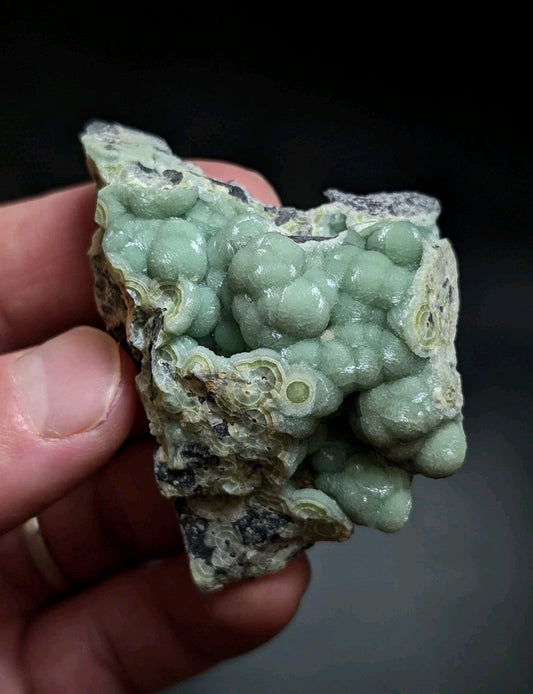 A hand holds a light green, bumpy mineral specimen with rounded nodules and darker grayish matrix.