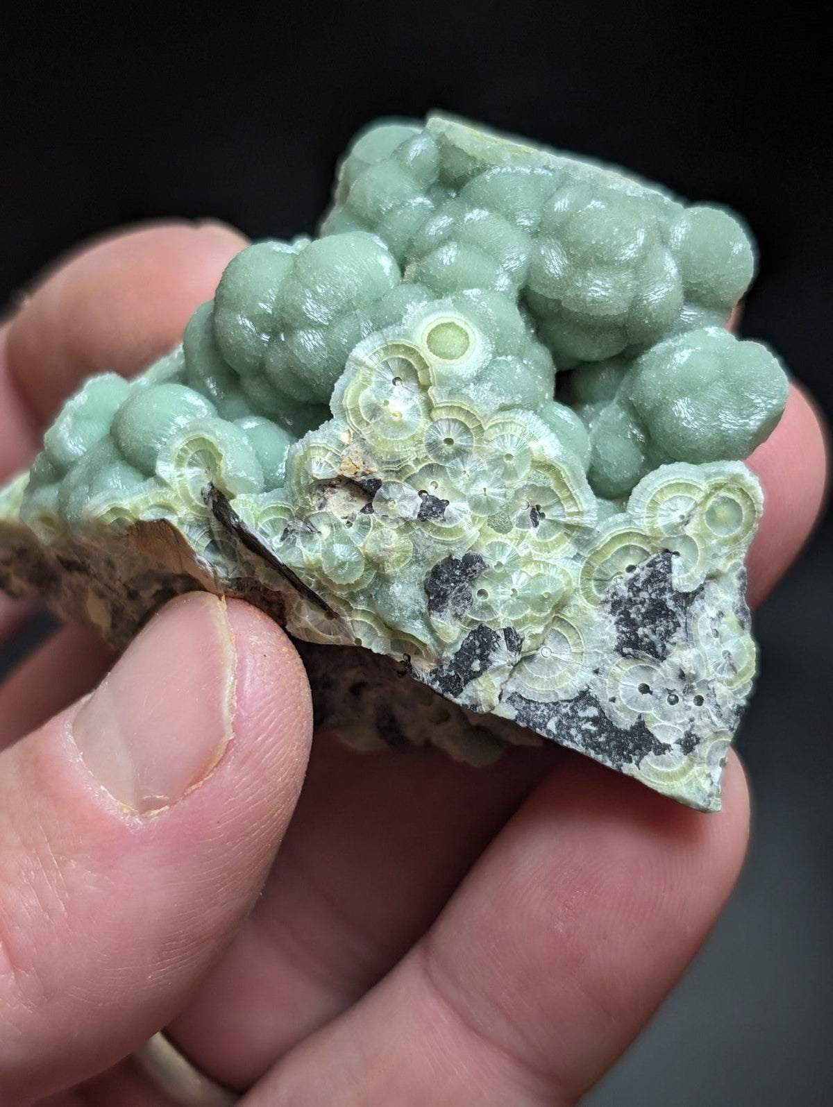 A pale green, bubbly mineral specimen with intricate layered patterns and a slightly rough texture.