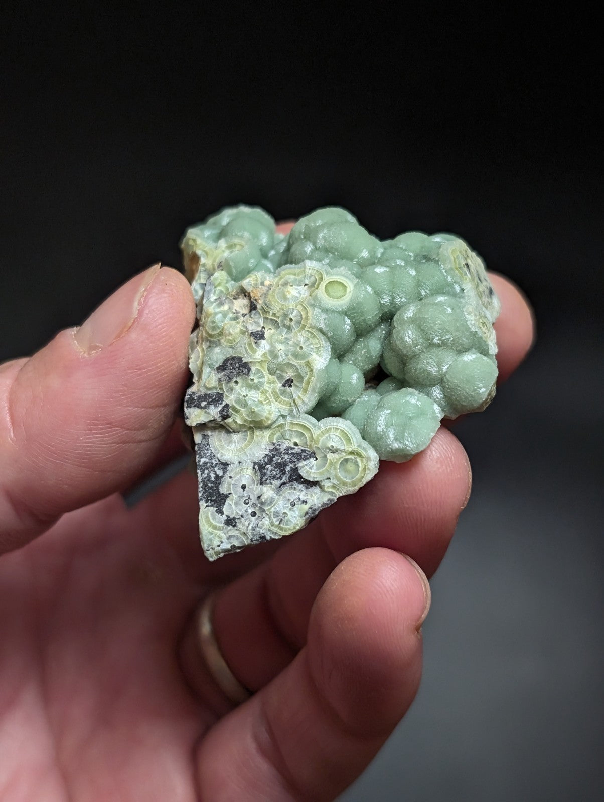 A hand holds a cluster of pale green, bumpy coral-like mineral formations with intricate, layered textures and subtle white veining.