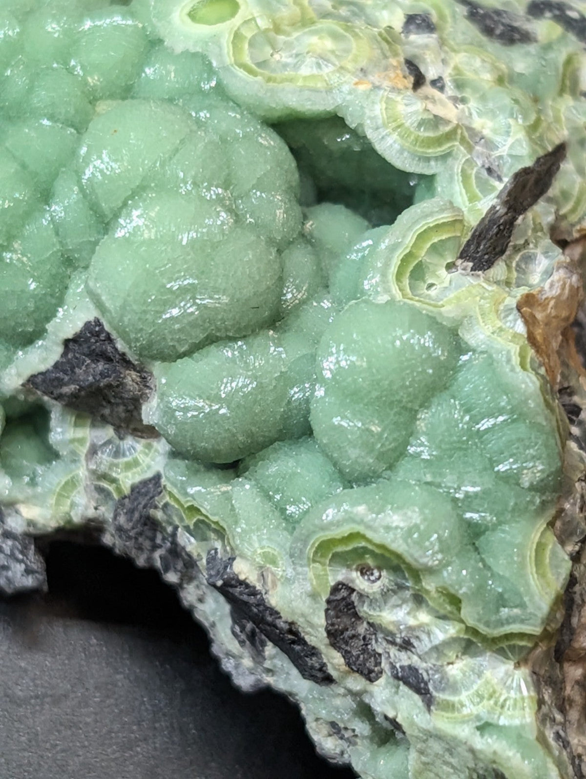 A translucent green mineral specimen with rounded, bubble-like formations and concentric ring patterns.