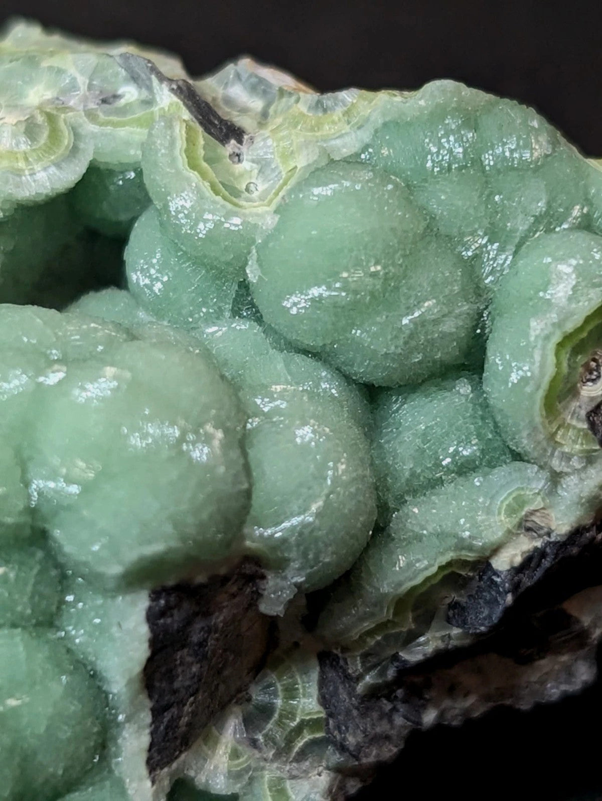 Lustrous green agate geode with rounded, bubble-like formations and a translucent, glossy surface.