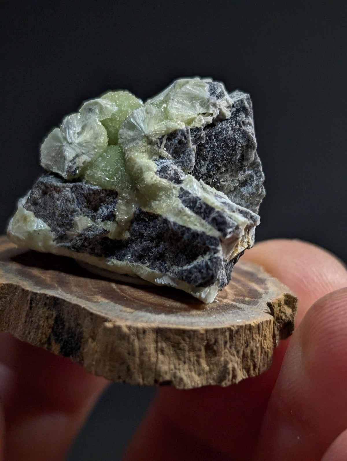A translucent green mineral specimen with crystalline formations rests atop a rustic wooden slice, showcasing its natural texture and earthy tones.
