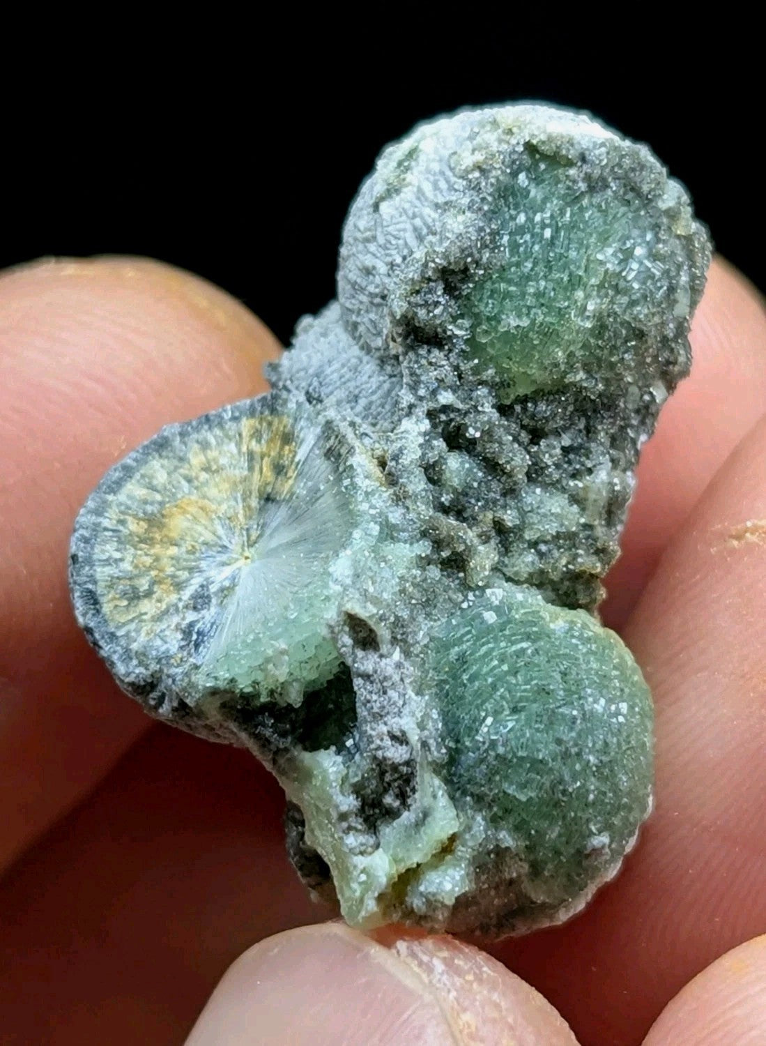 A green, textured mineral specimen with a crystalline surface and patches of grayish matrix.