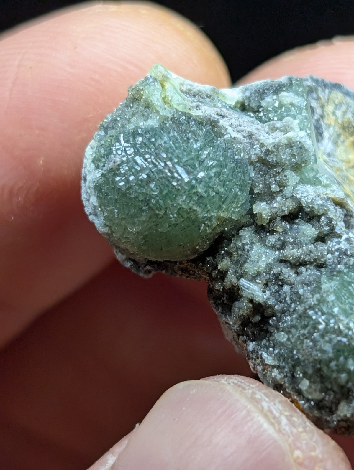 A translucent green mineral specimen with a crystalline, rounded formation embedded in a rougher matrix of darker gray and white crystals.