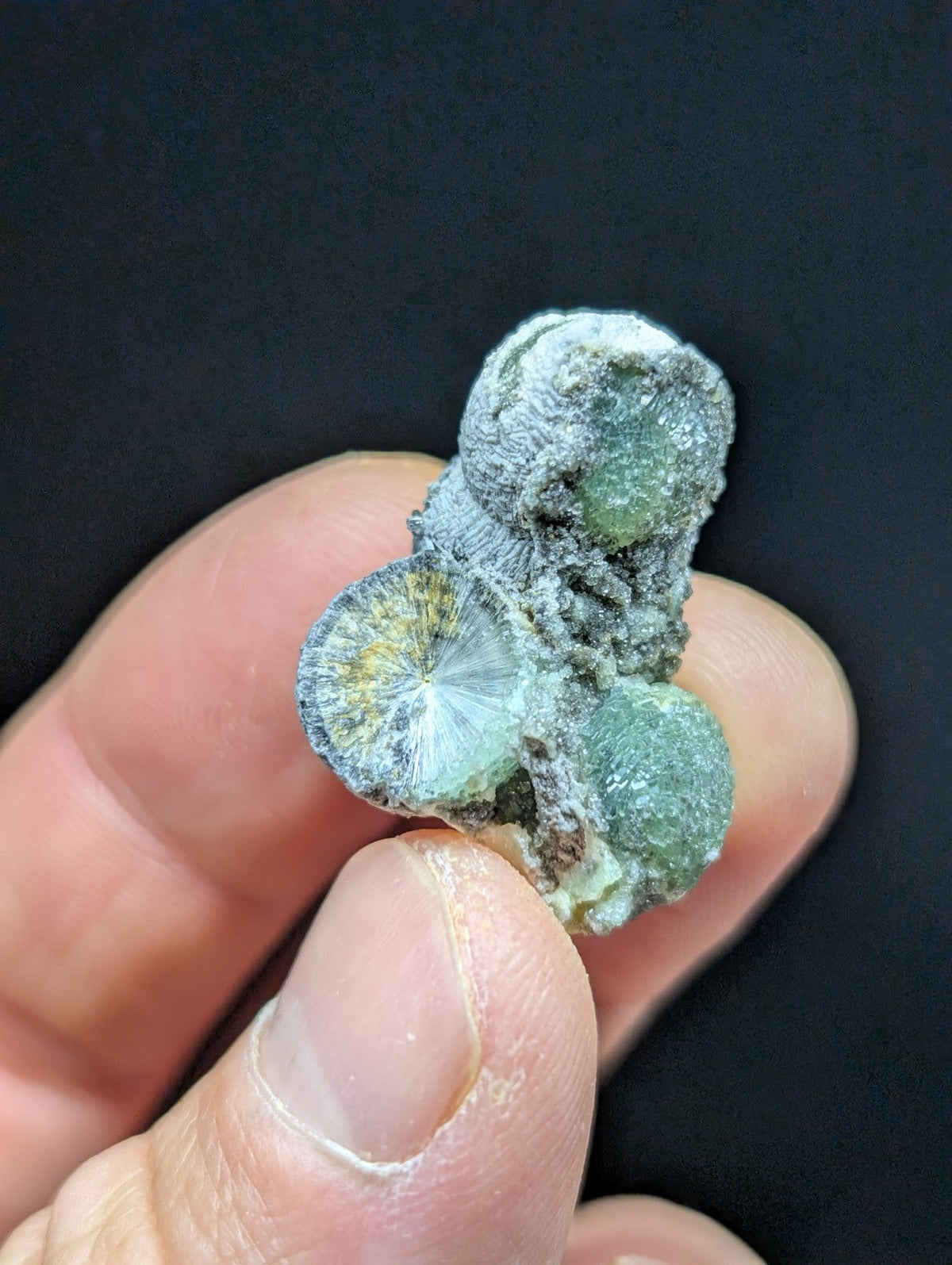 A cluster of green and translucent circular mineral specimens with a textured, crystalline surface.