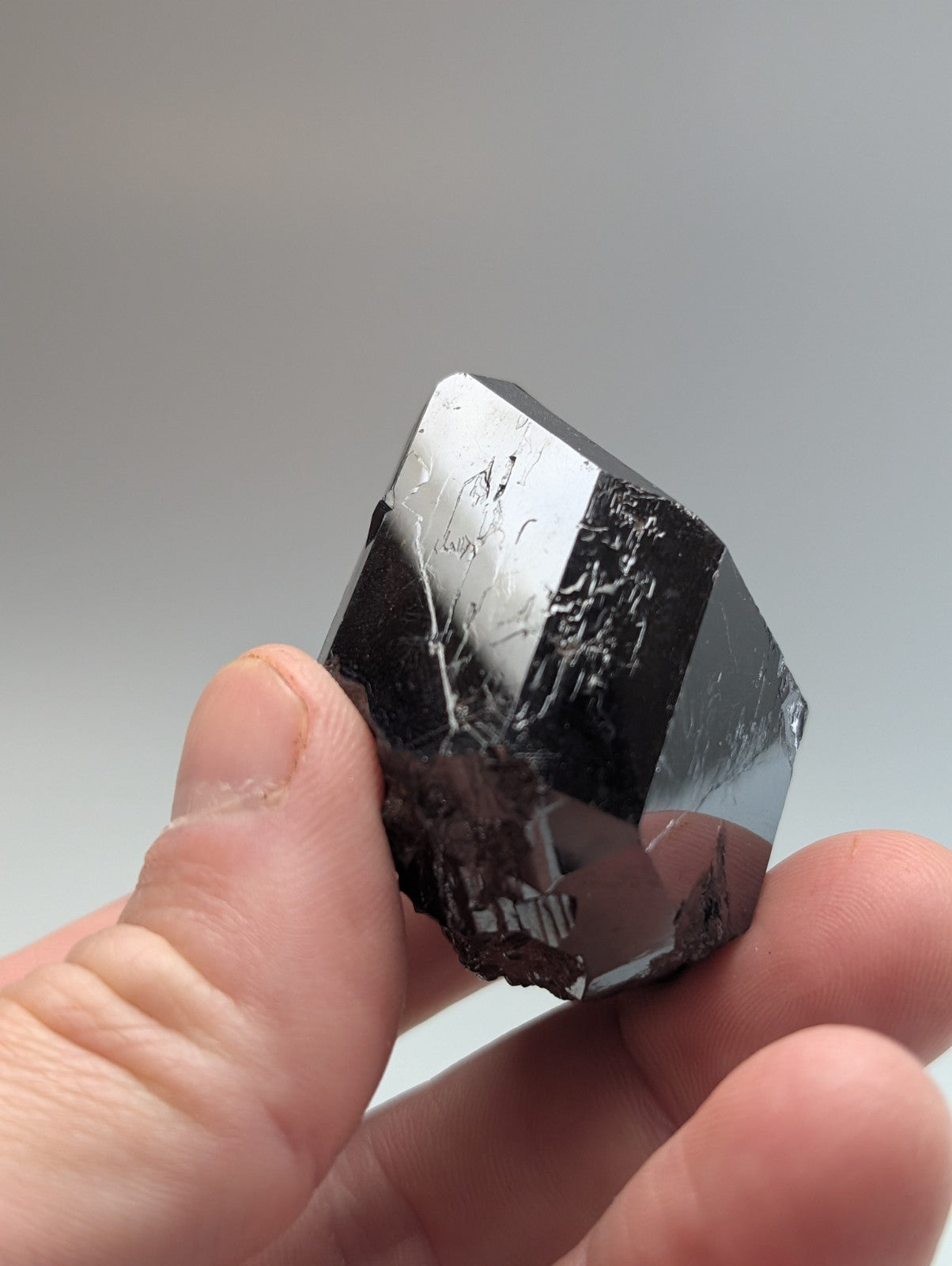 A polished black tourmaline crystal with a faceted, geometric shape and subtle internal striations.