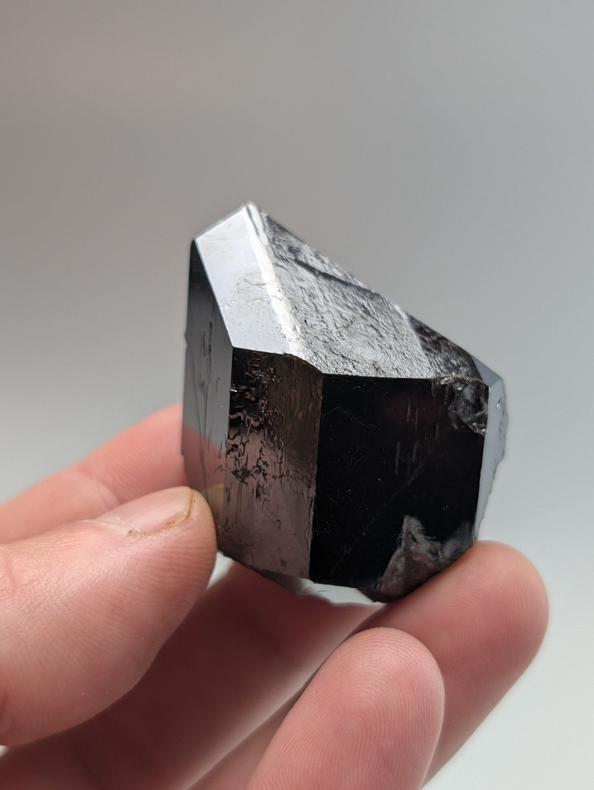 A polished black pyrite crystal with metallic, reflective facets held in a hand.