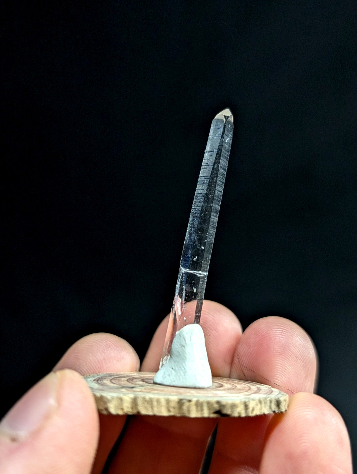 A clear quartz crystal with a pointed tip and visible internal striations, mounted on a small white base atop a circular wooden slice.
