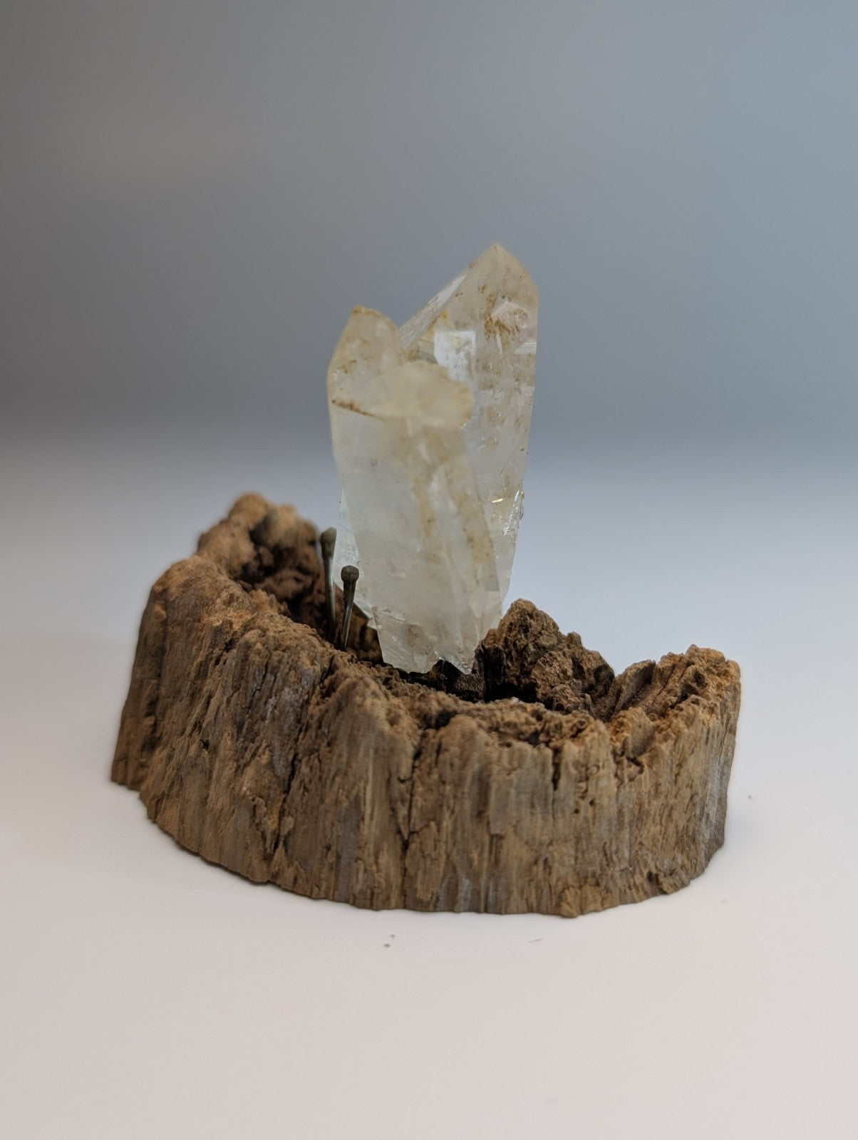A translucent faceted quartz crystal cluster mounted on a rustic wooden base from garland county arkansas