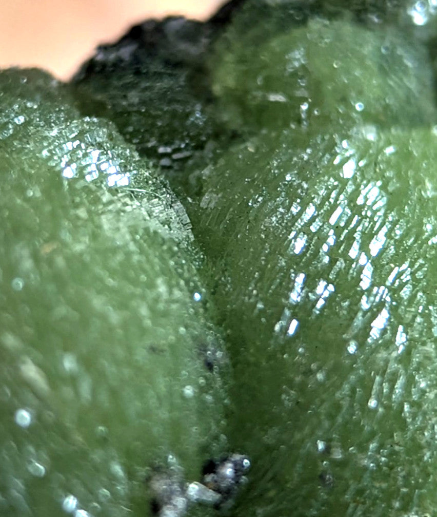 A close-up of a green textured wavellite with ridges and reflective specks on a handmade wood mount from Arkansas