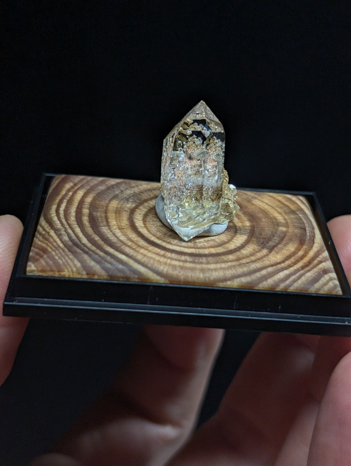 A clear, faceted quartz crystal with golden inclusions sits atop a circular wood slice display.