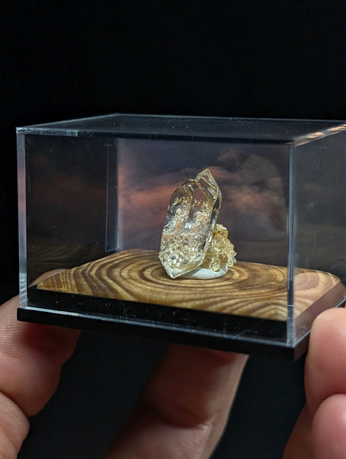 A clear quartz crystal with golden inclusions, displayed on a circular wooden base inside a transparent acrylic display case.