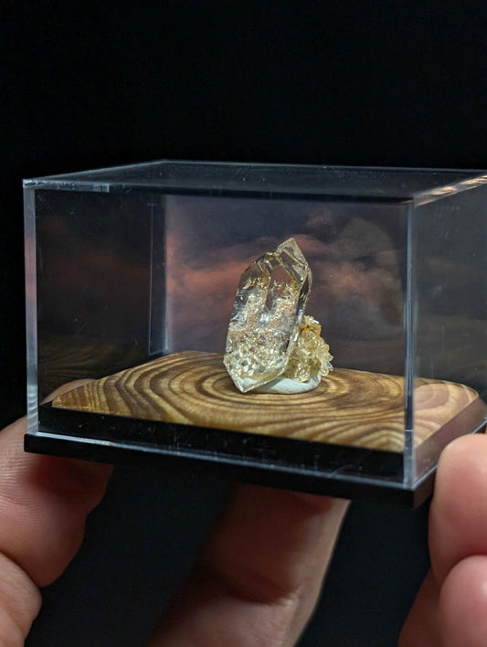 A clear quartz crystal with golden inclusions, displayed on a circular wooden base inside a transparent acrylic display case.