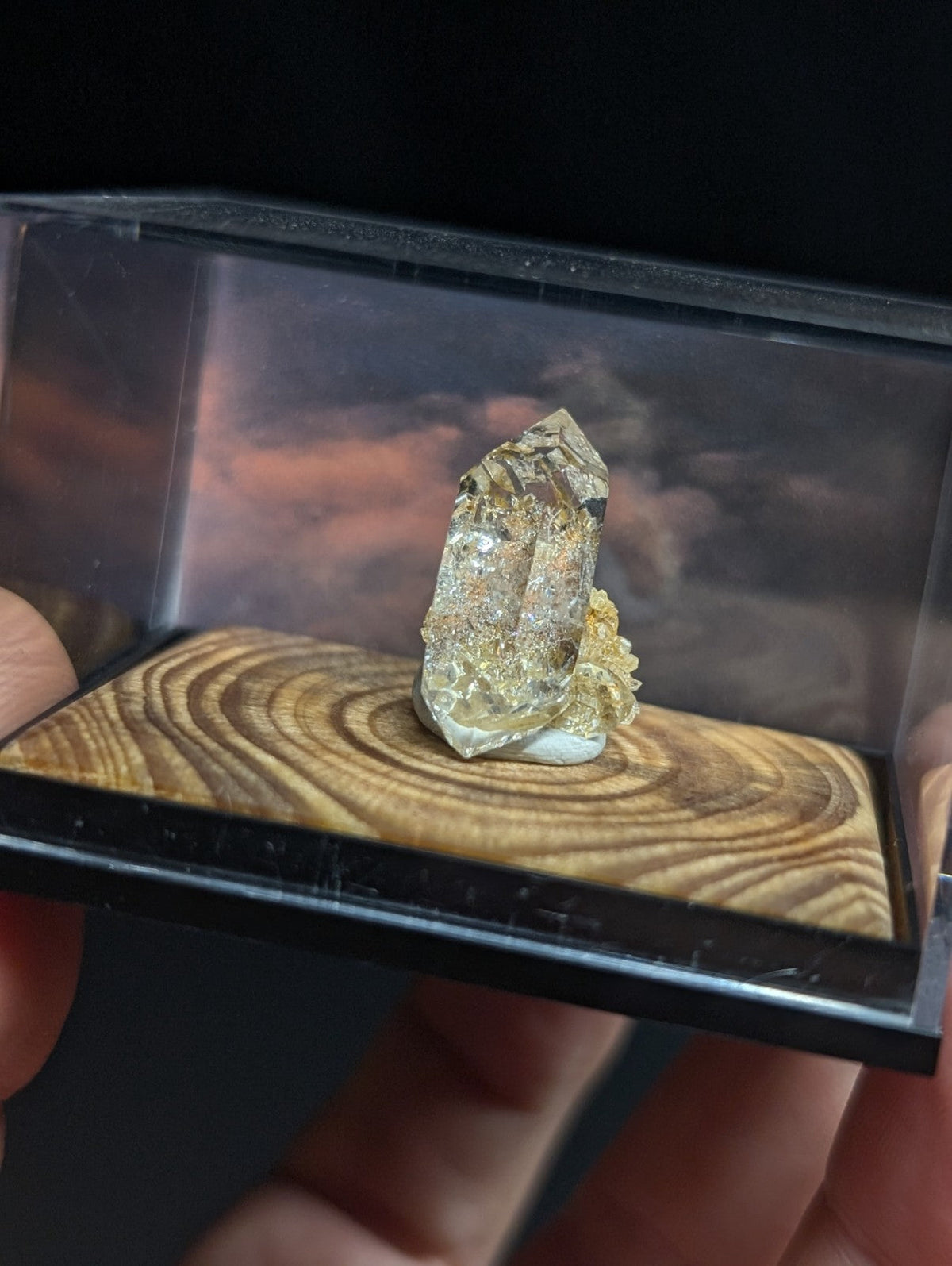 A translucent, faceted quartz crystal with golden inclusions and a rough, earthy base rests inside a clear display case on a wooden platform.
