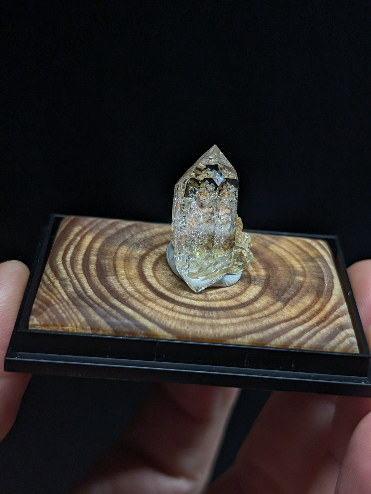 A translucent, pointed quartz crystal with golden inclusions and a rough base rests on a circular wood display plate.