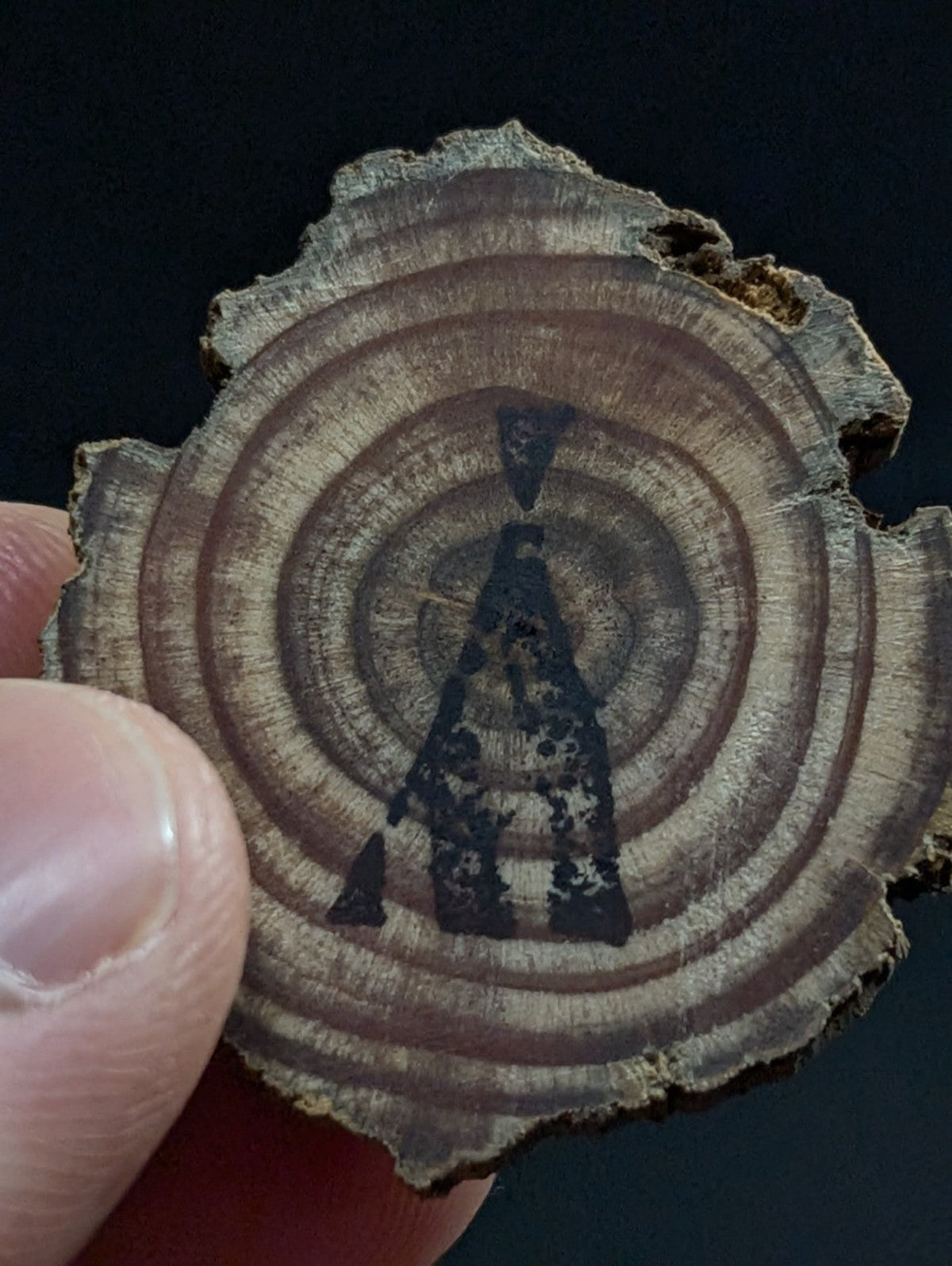 A rustic, circular wooden slice with visible growth rings and a hand-painted black silhouette of an arrowhead at its center.