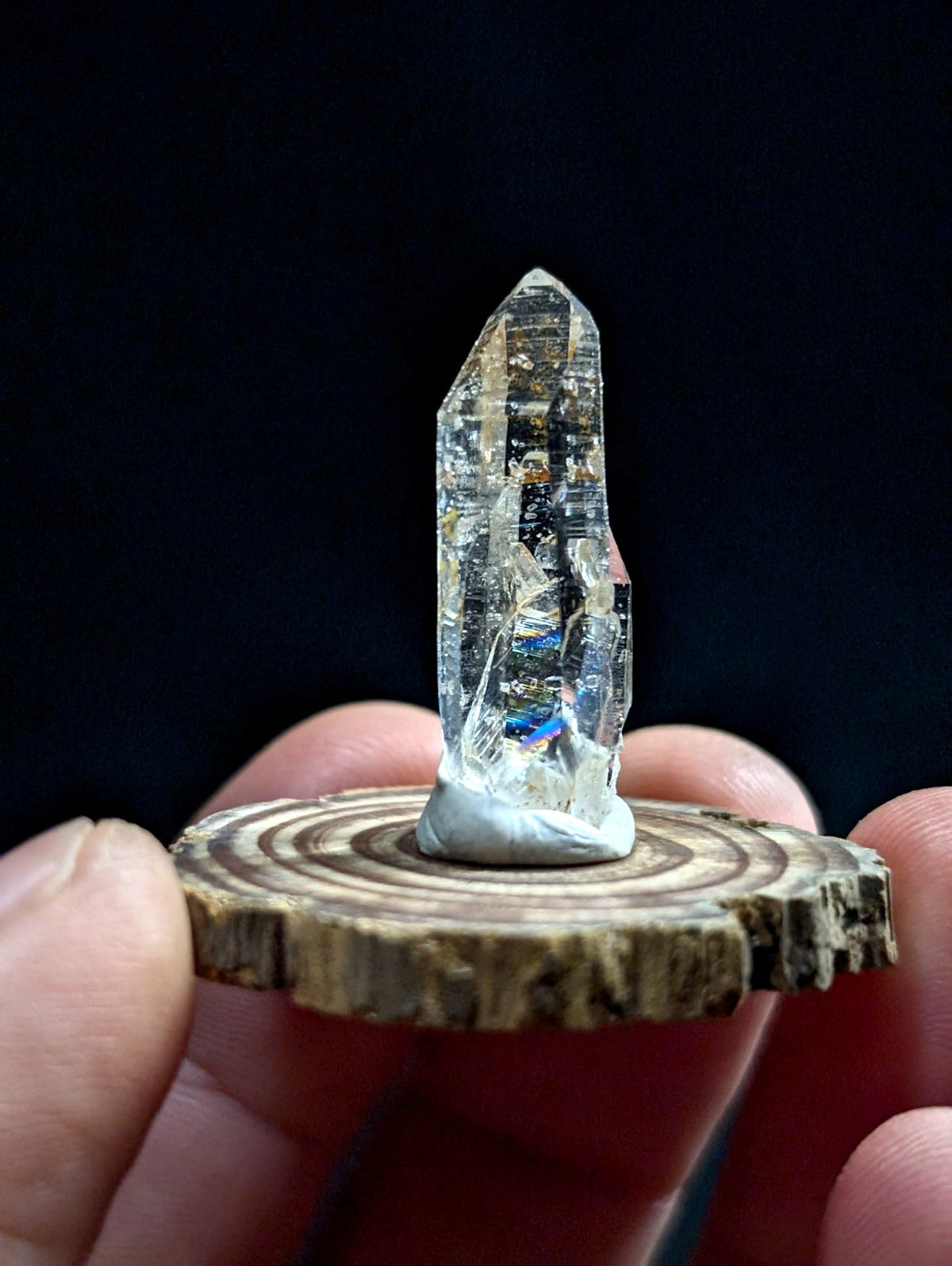 A clear, faceted quartz crystal with internal inclusions and a pointed tip sits upright on a circular wooden slice.