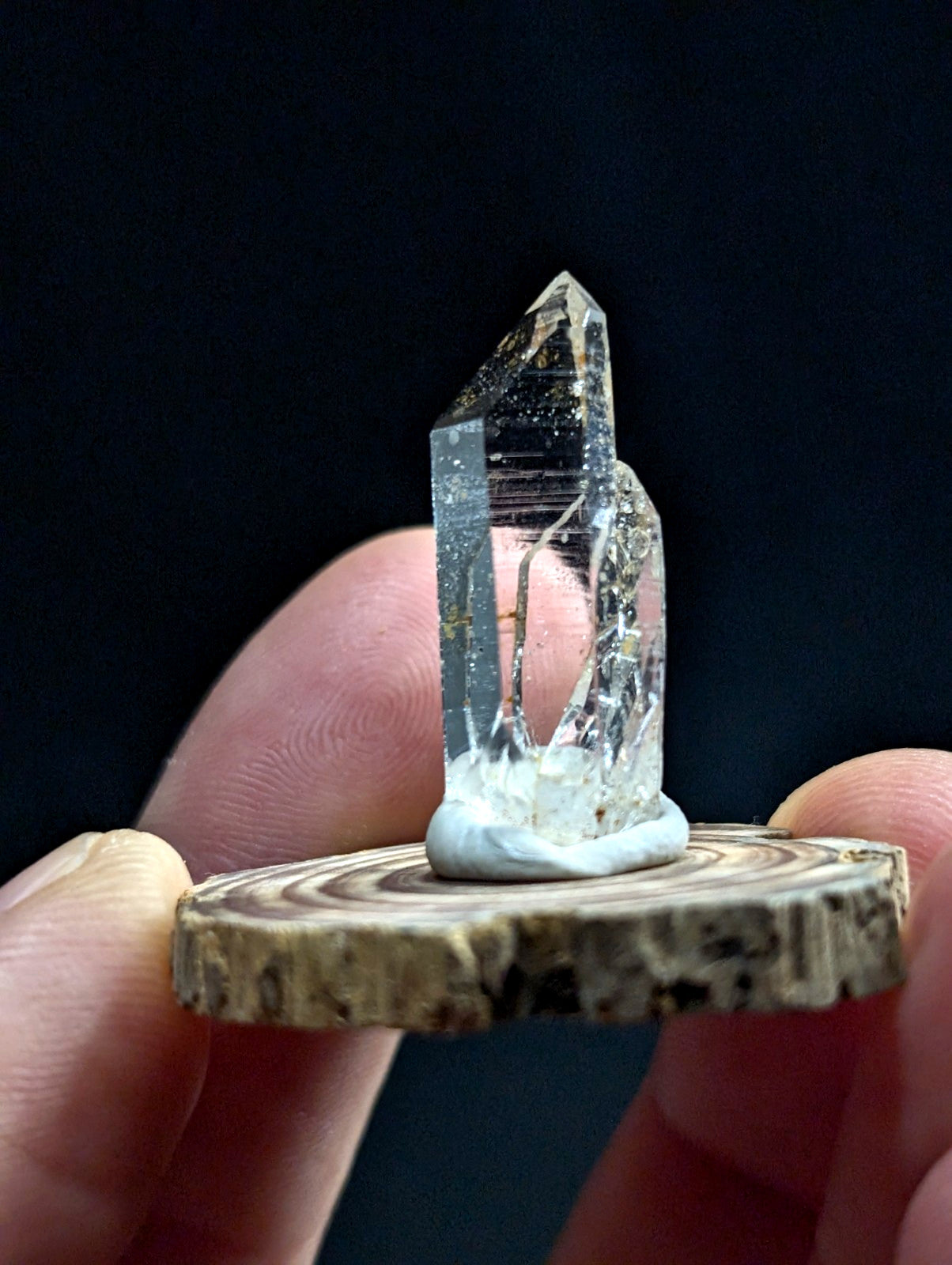 A clear quartz crystal with a pointed tip and visible internal inclusions, mounted on a circular wooden base.