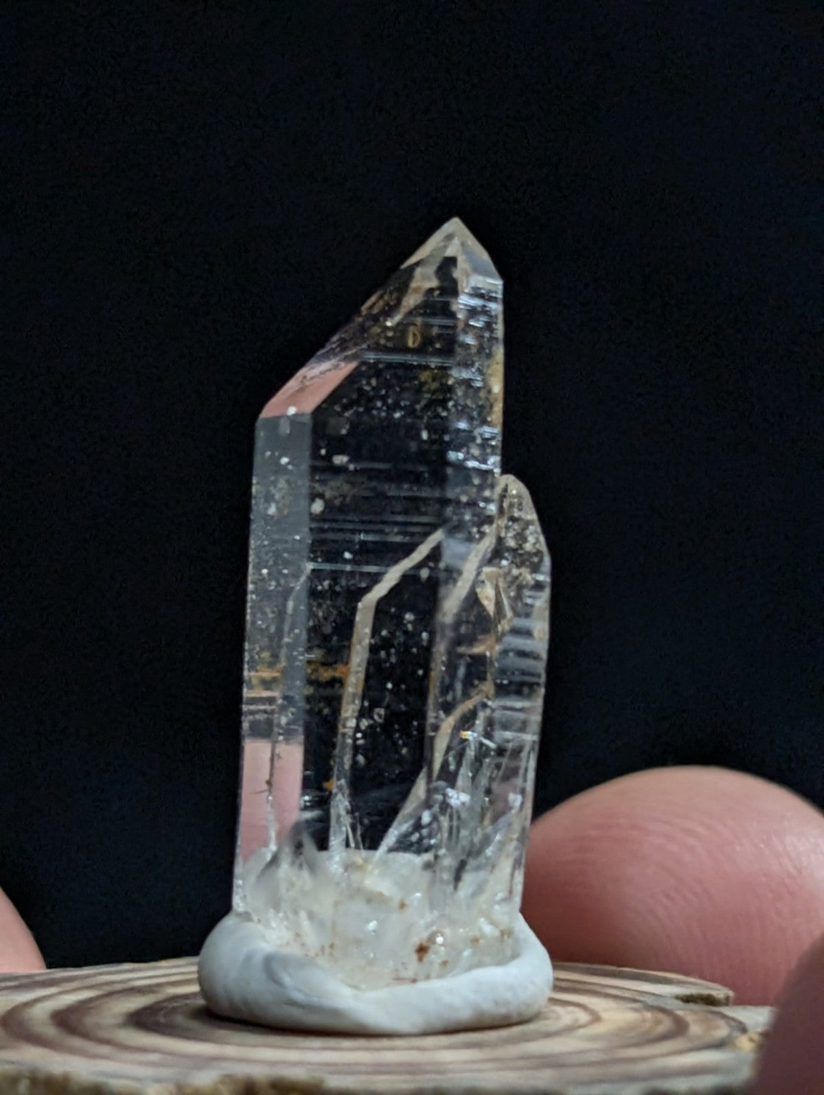 A clear quartz crystal with natural inclusions and a pointed tip, displayed on a white base.