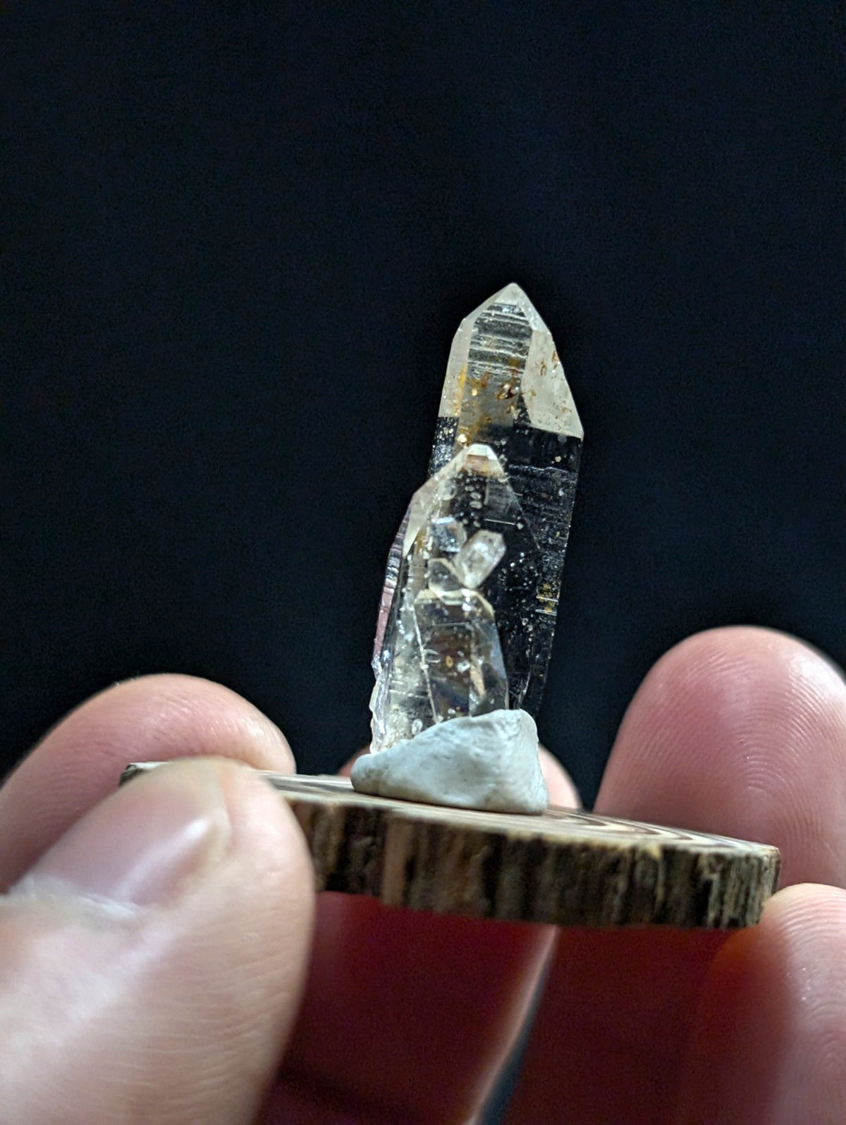 A clear quartz crystal with a pointed tip and internal inclusions, mounted on a rustic wooden base.