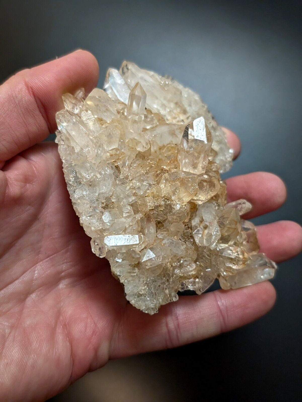 A hand holds a cluster of translucent, pale yellowish quartz crystals with sharp, faceted points and natural imperfections.