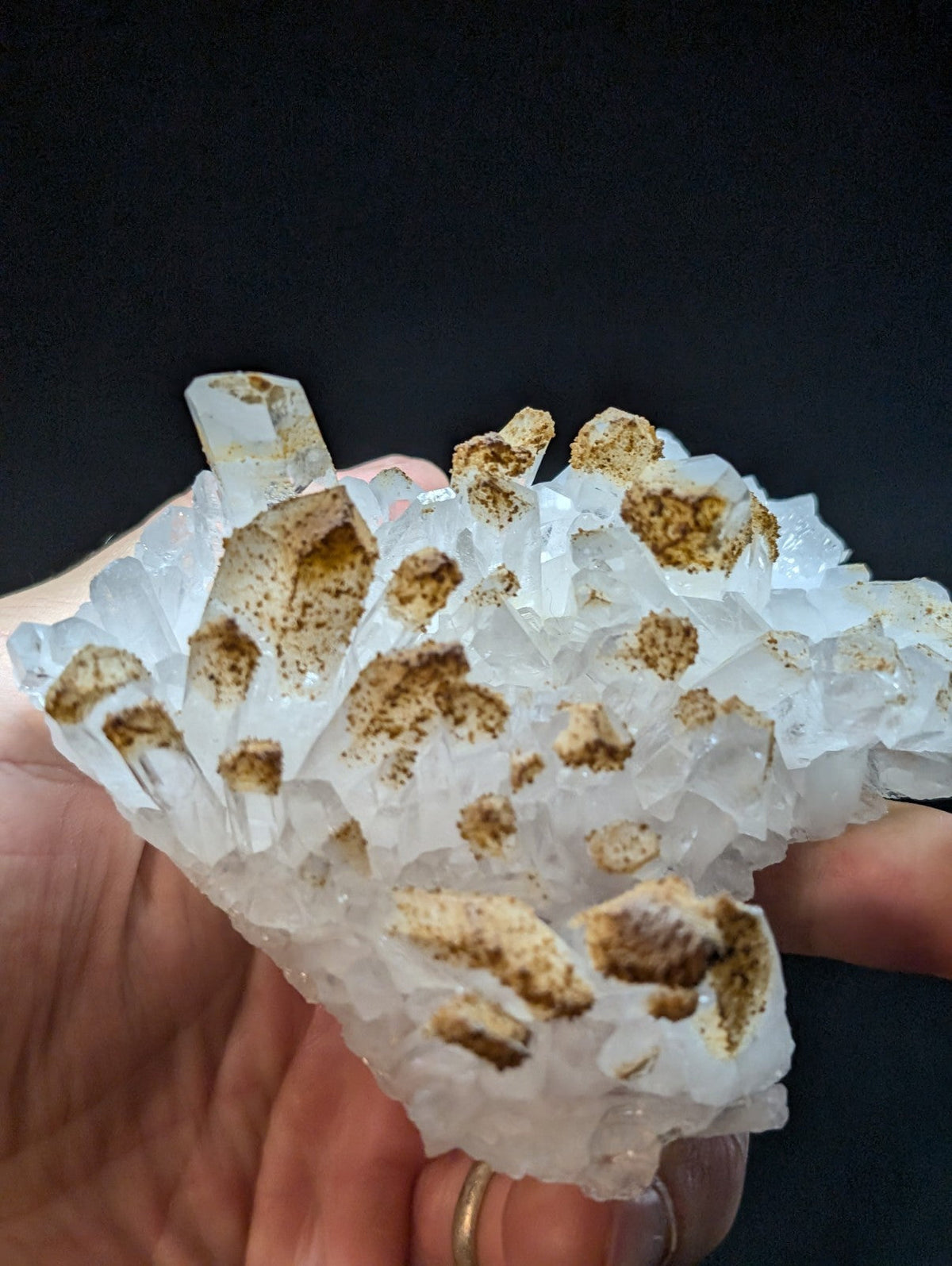 A translucent white quartz crystal cluster with golden-brown mineral inclusions, held gently in a hand.