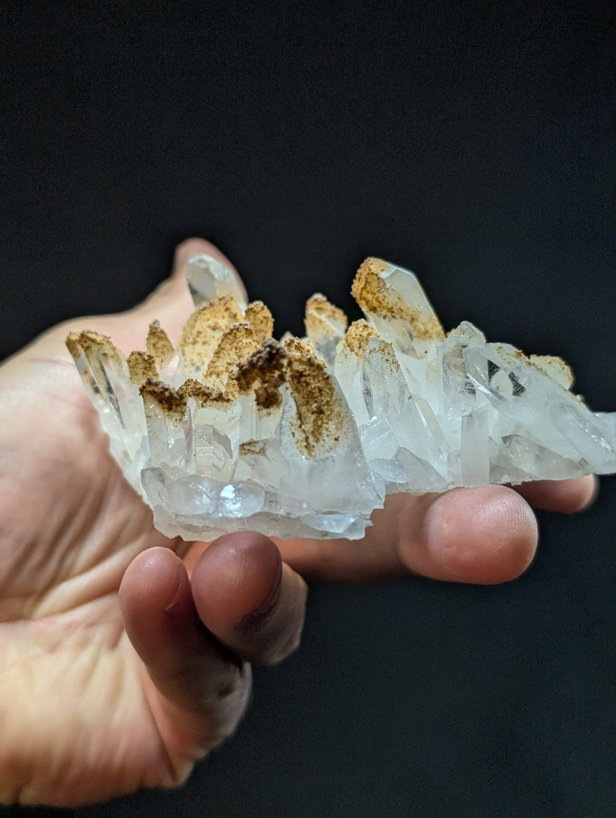 A translucent white quartz crystal cluster with golden-brown mineral inclusions, held gently in a hand.