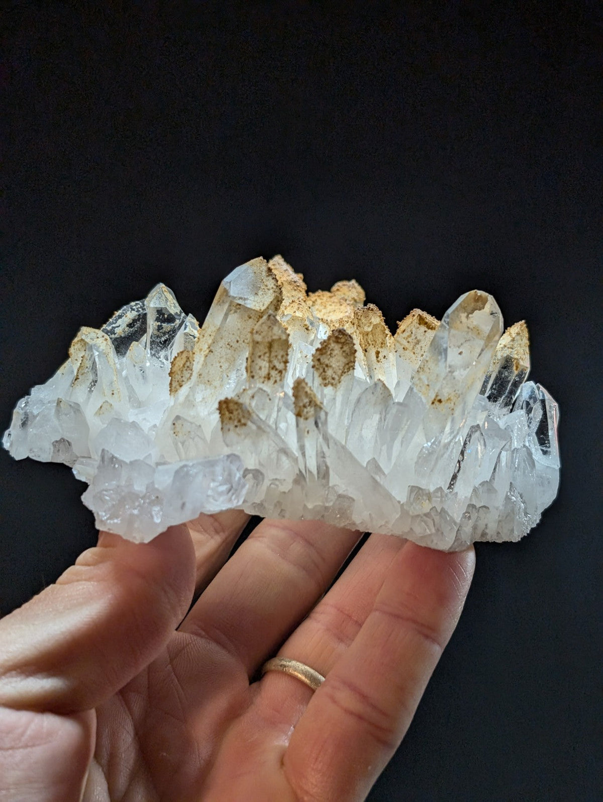 A translucent white quartz crystal cluster with golden-brown mineral inclusions, held gently in a hand.