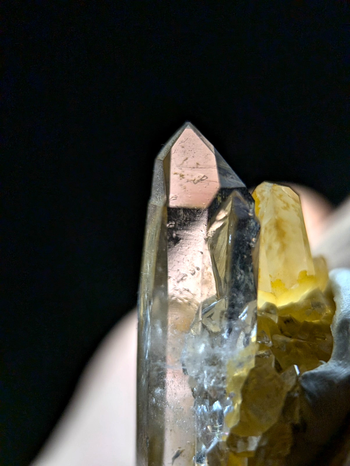 A translucent, clear quartz crystal with a sharp point and subtle internal inclusions, accompanied by golden-yellow mineral formations.