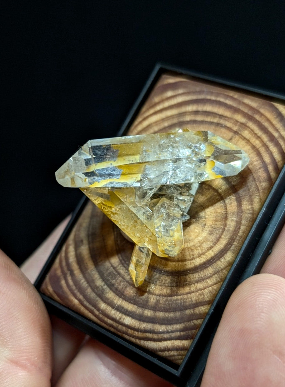 A translucent yellow and clear quartz crystal cluster with natural striations, displayed in a black-framed wooden presentation box.
