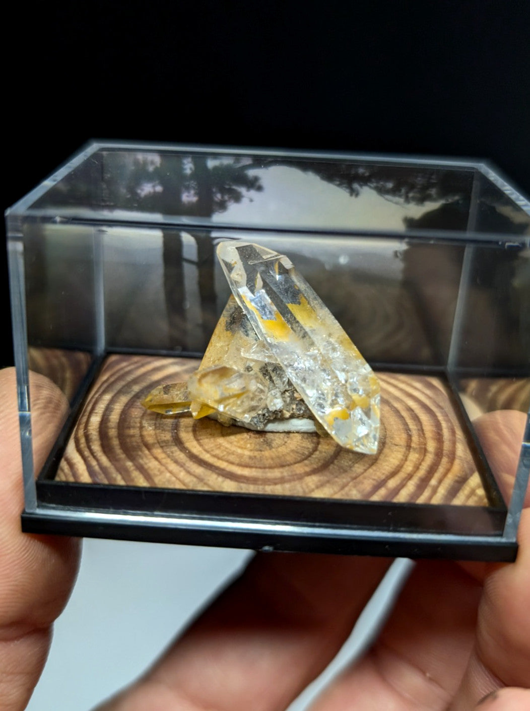 A translucent yellow and clear quartz crystal specimen with natural inclusions, displayed inside a transparent acrylic display case.