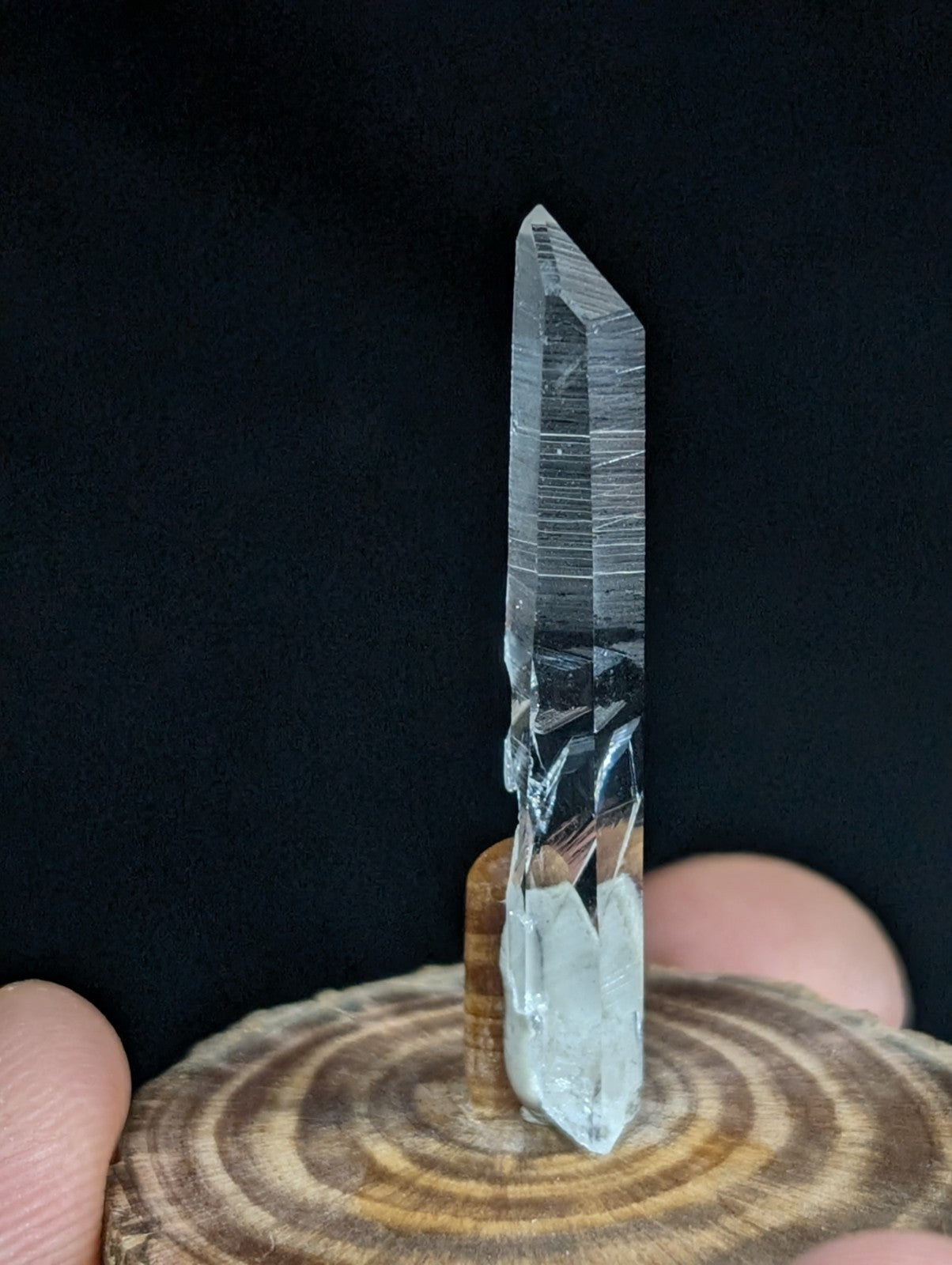 A clear quartz crystal with a pointed tip and visible internal striations, mounted on a wooden stand.