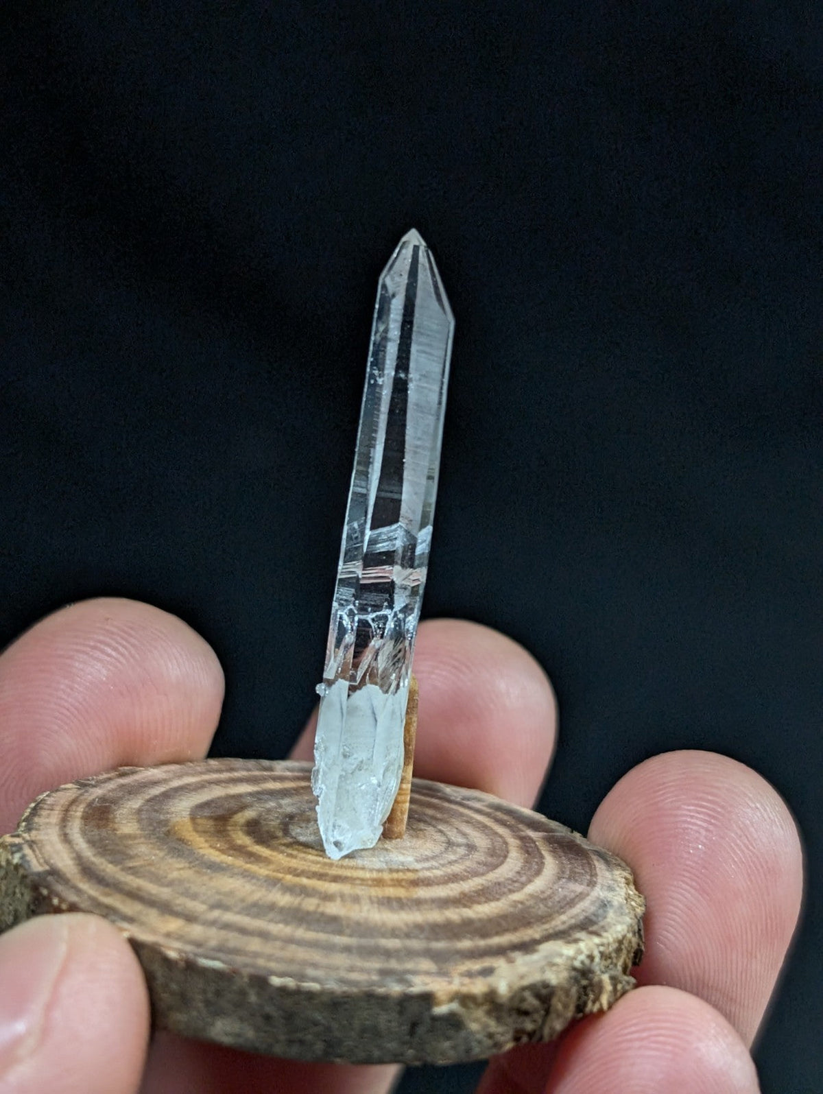 A clear, faceted quartz crystal with a pointed tip and visible internal striations stands upright on a circular wooden slice held in someone’s hand.