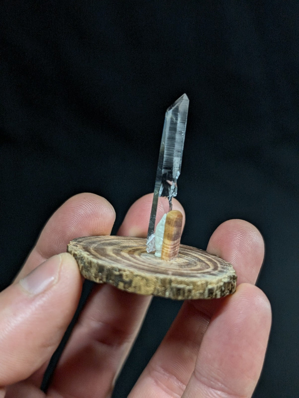 A clear quartz crystal stands upright on a circular wooden slice, its pointed tip and natural striations visible against the dark background.