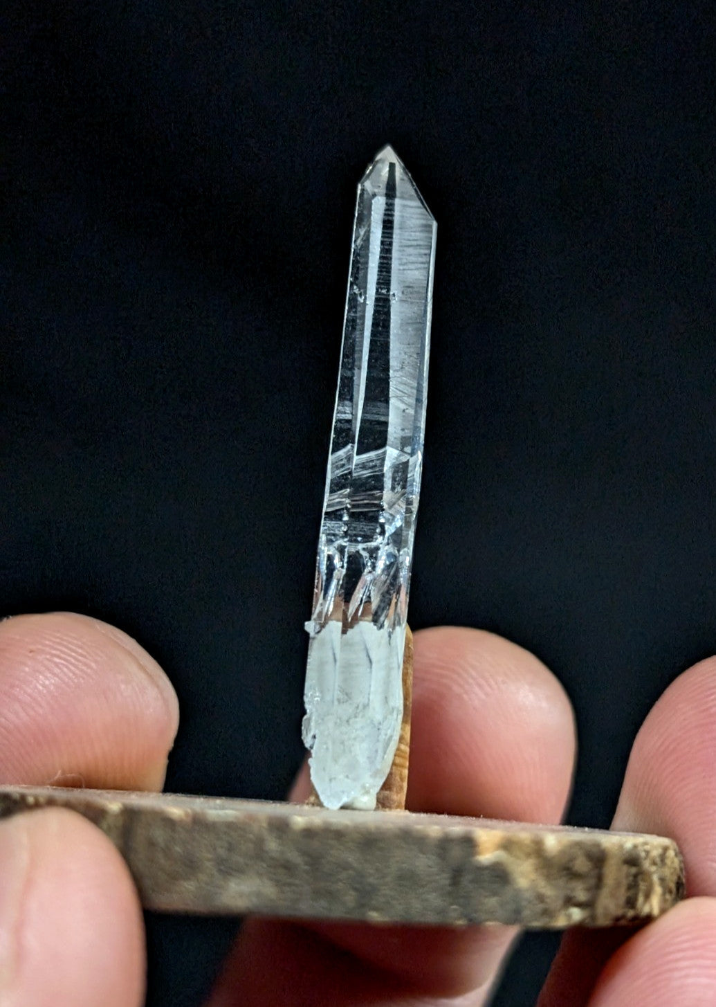 A clear, transparent quartz crystal with a pointed tip and visible internal striations.