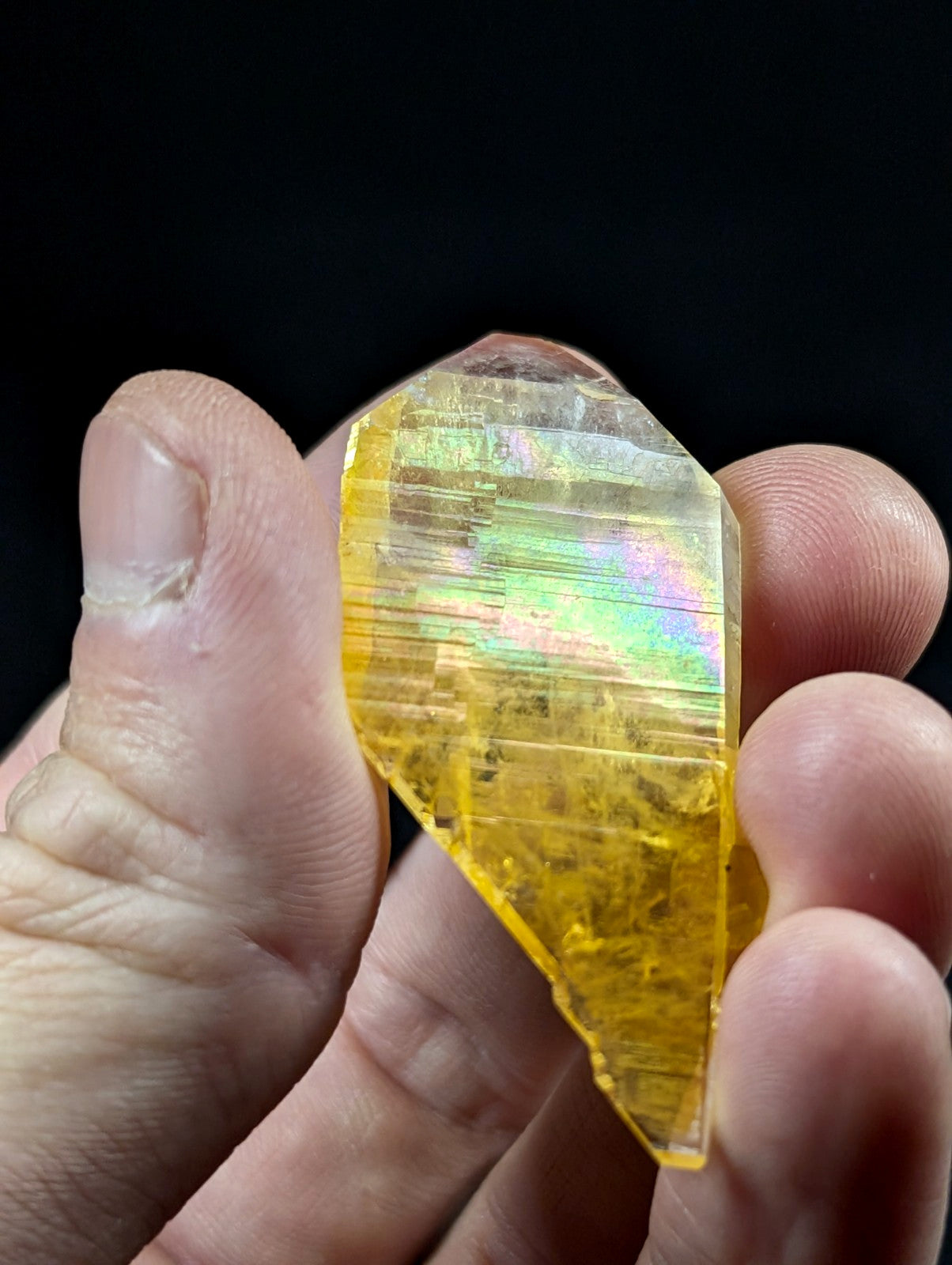 A translucent yellow crystal with iridescent green and pink flashes, held gently in a hand.
