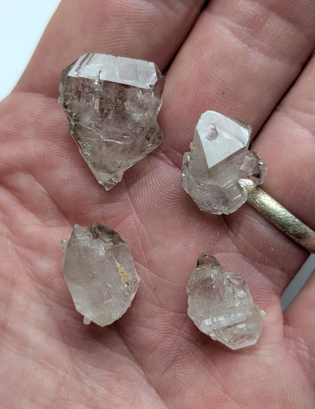 Four translucent, faceted quartz crystals with natural, irregular shapes and subtle internal inclusions.
