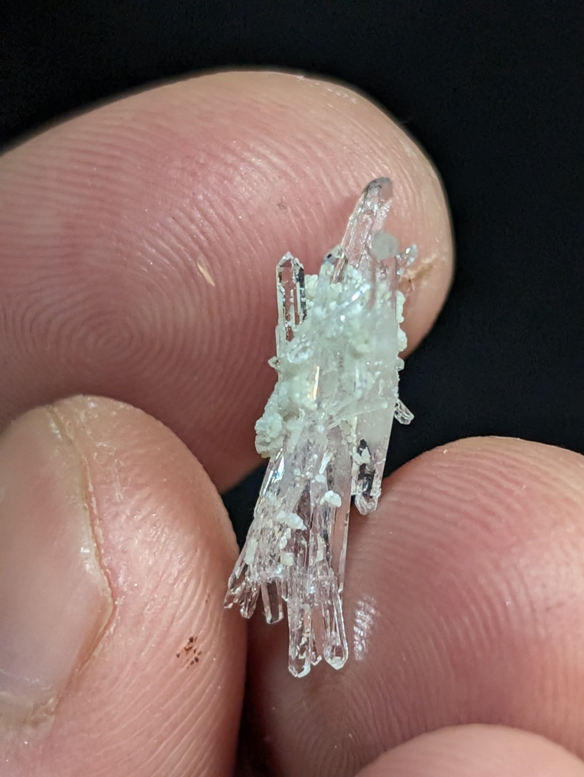 A delicate, translucent greenish-white crystal formation with intricate branching structures and a slightly rough texture.