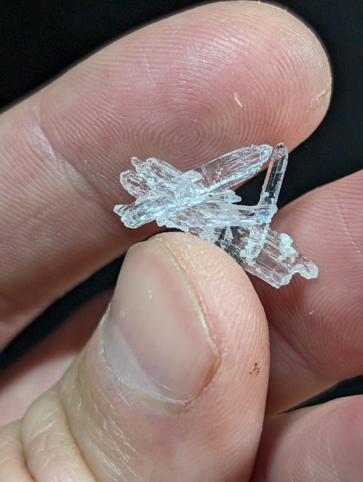 A cluster of clear, translucent quartz crystals with sharp, jagged edges and a glassy sheen.