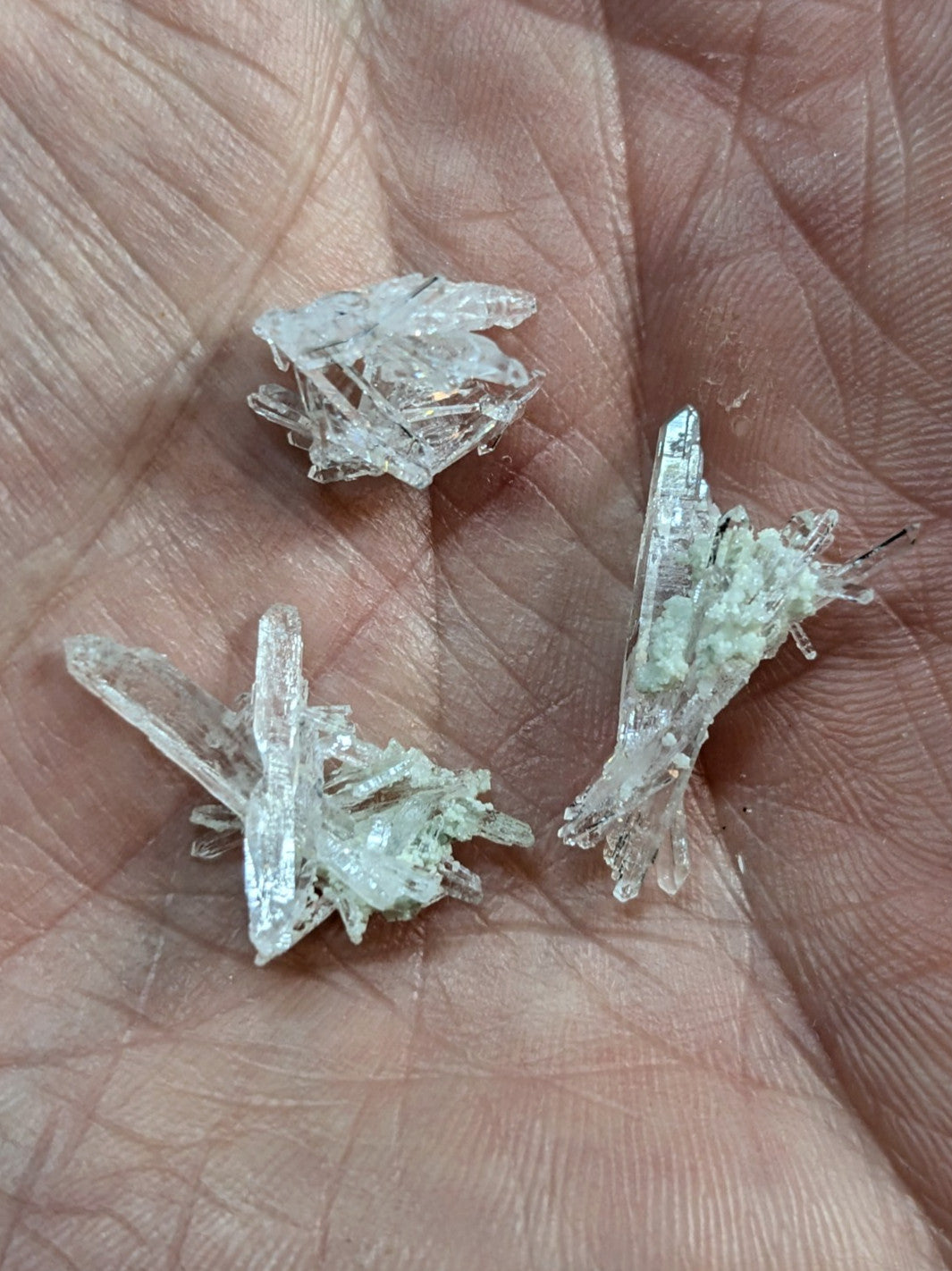 Three translucent, crystalline mineral specimens with jagged edges and faint greenish discoloration.