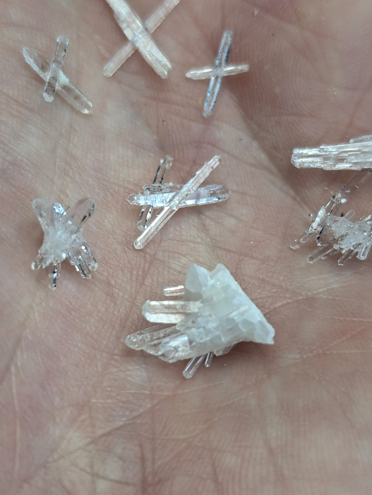 A set of 8 clear quartz crystal clusters with intersecting prismatic formations from jeffrey quarry arkansas