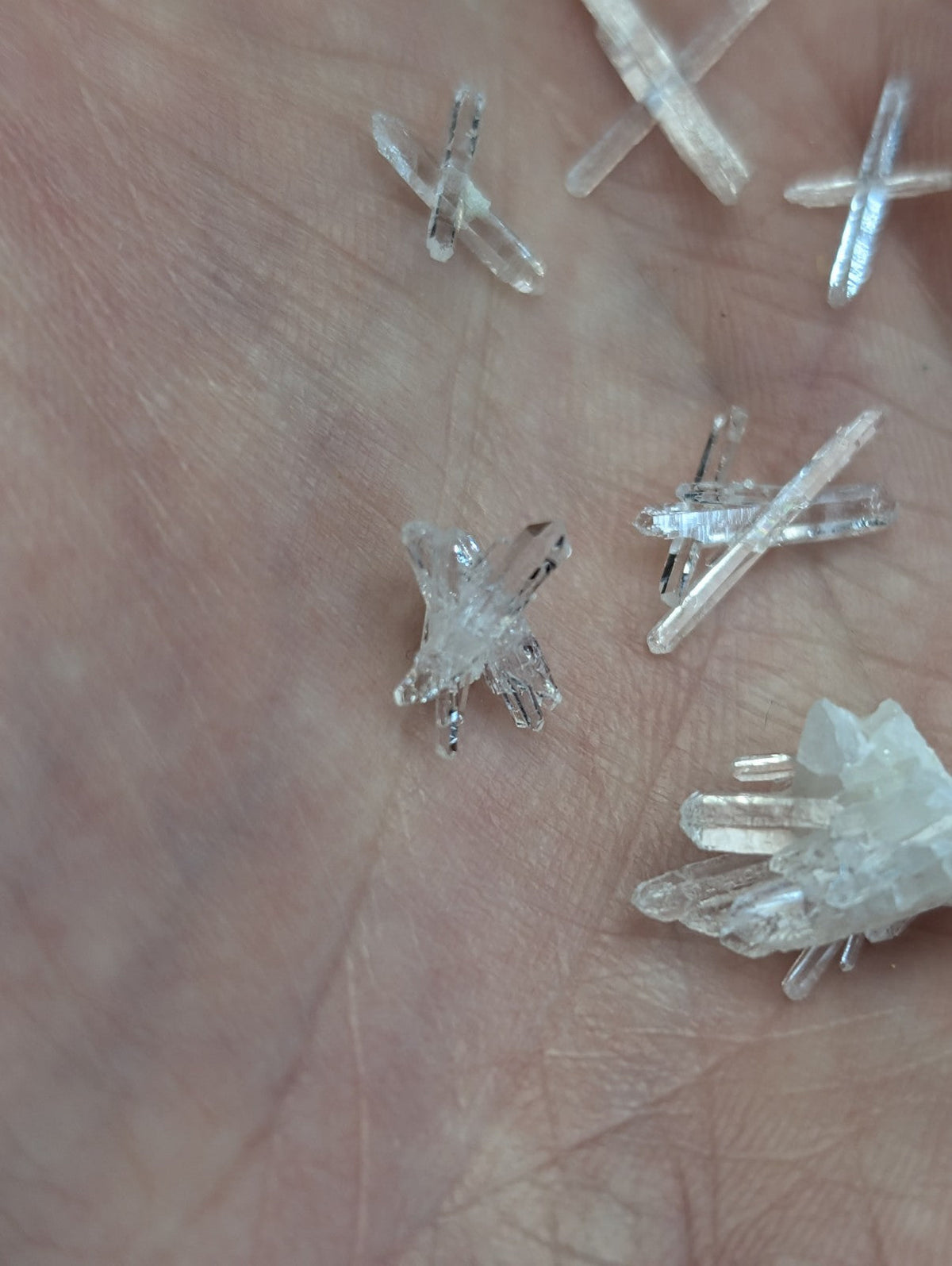 Clear quartz crystal clusters with sharp translucent points in unique forms from jeffrey quarry arkansas old stock set of 8