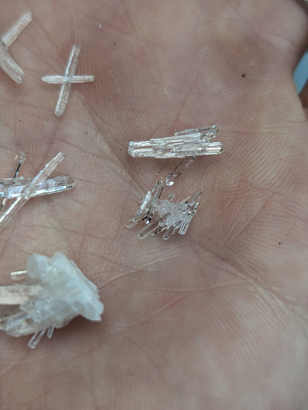 Clear translucent quartz crystals with sharp angular facets in A+ Solution quartz set of 8 from Jeffrey Quarry Arkansas