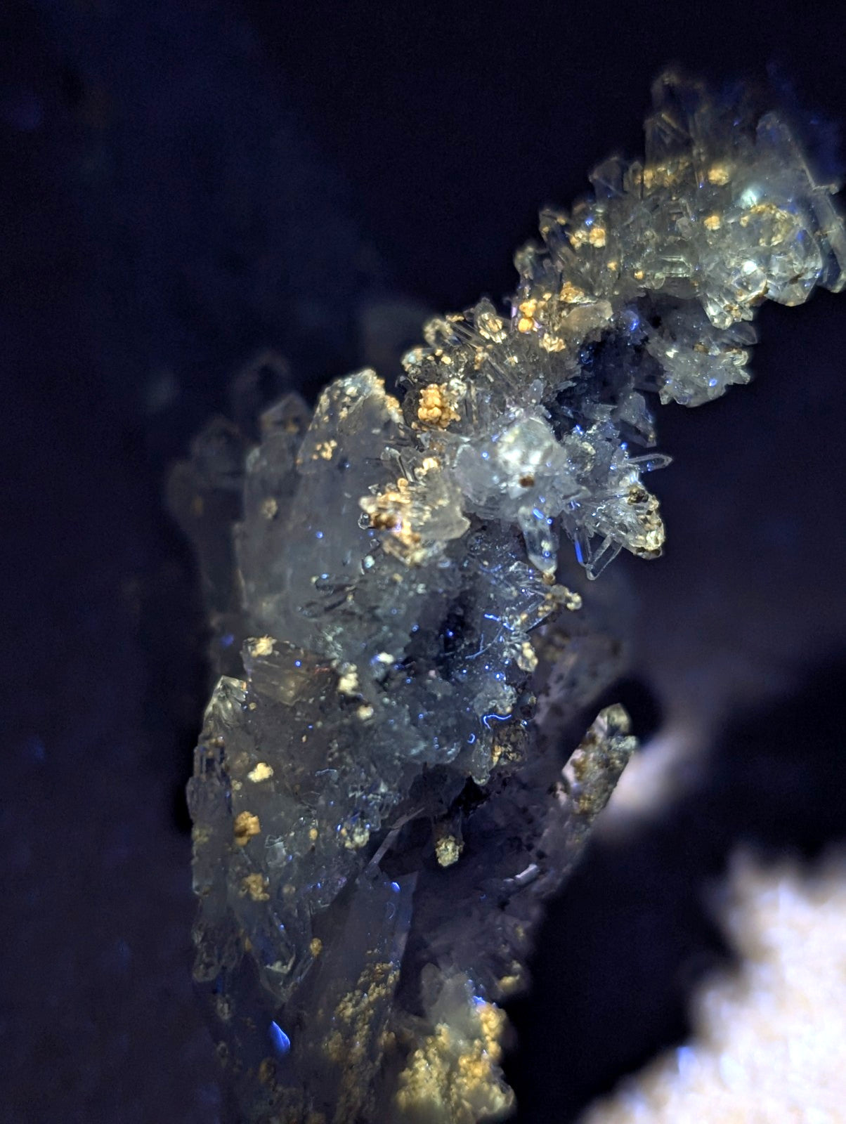 A++++ solution quartz with uv reactive cookeite displaying delicate branching formations and golden inclusions from jeffrey quarry arkansas